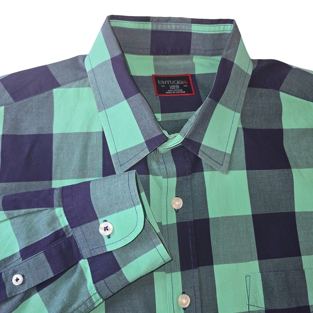 UNTUCKit Button‎ Down Shirt Mens Large Green Navy Buffalo Check Slim Fit Cotton